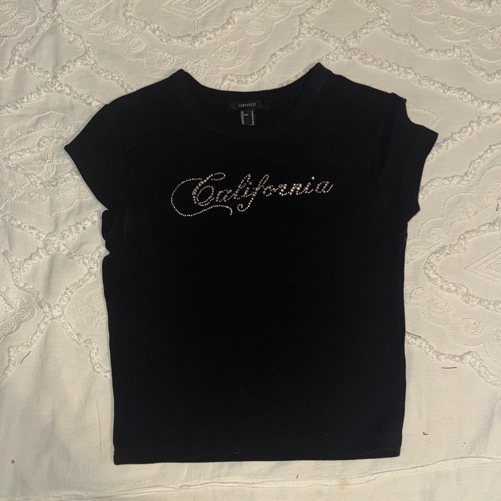 Black T-Shirt with Rhinestone 'California' Design